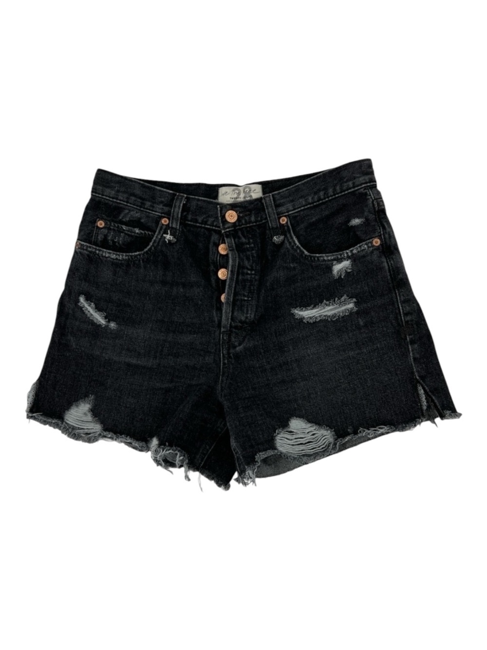 We The Free high waisted button fly distressed black shorts, size 28 New